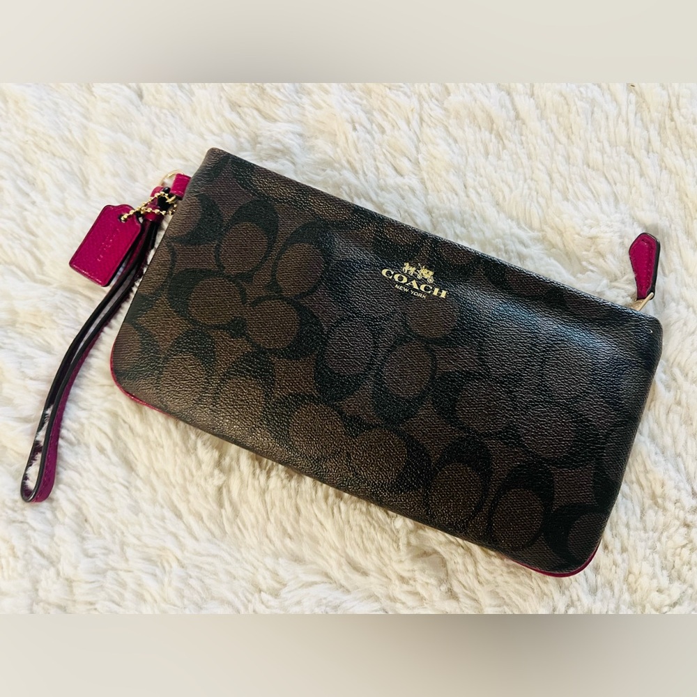 Coach Signature Brown and Magenta Clutch
